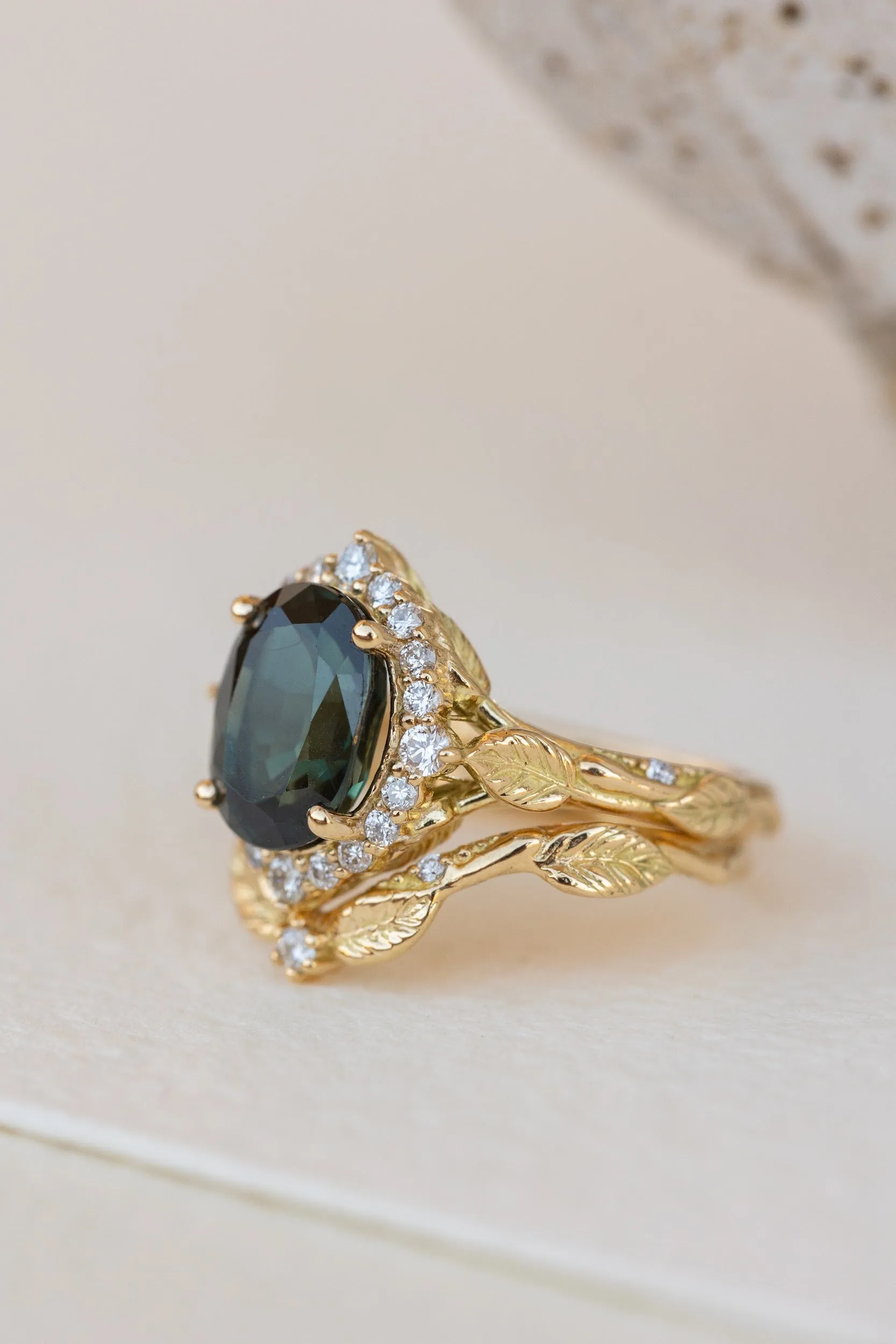 Dark teal genuine sapphire engagement ring set, diamond halo bridal ring set / Florentina