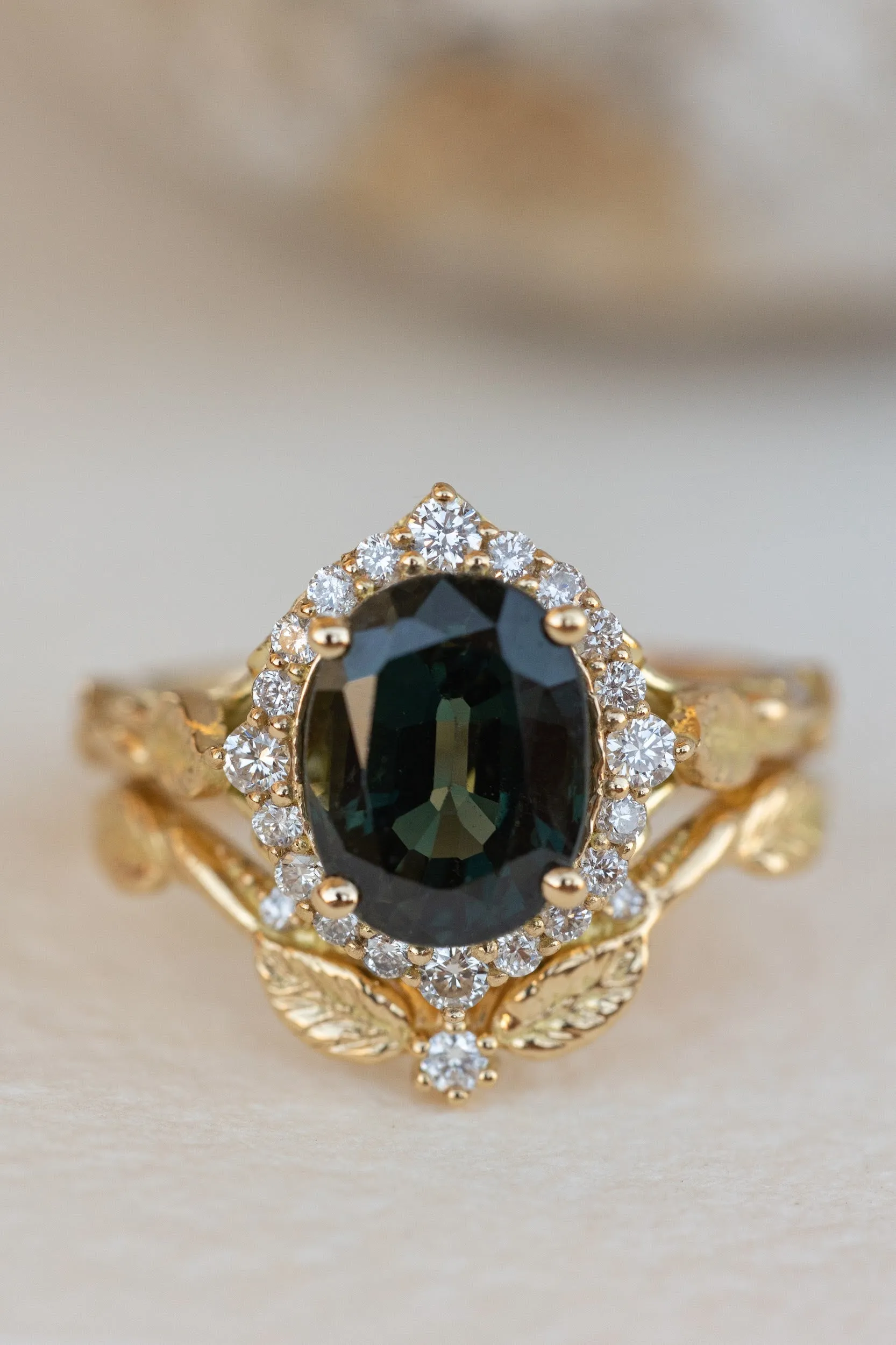 Dark teal genuine sapphire engagement ring set, diamond halo bridal ring set / Florentina