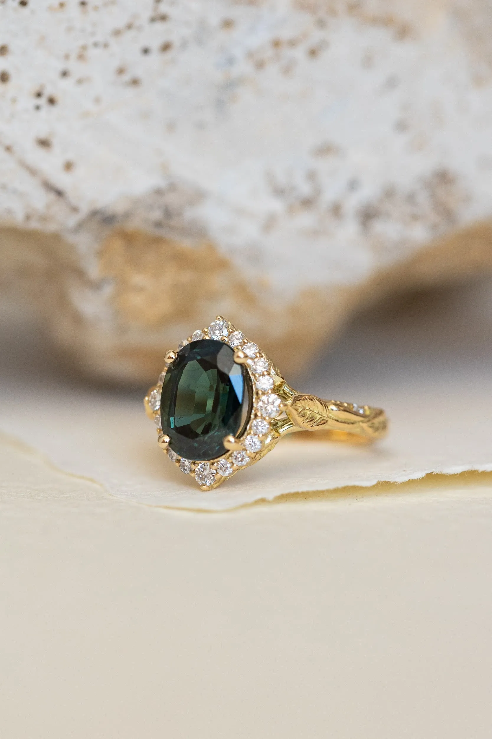 Dark teal genuine sapphire engagement ring set, diamond halo bridal ring set / Florentina