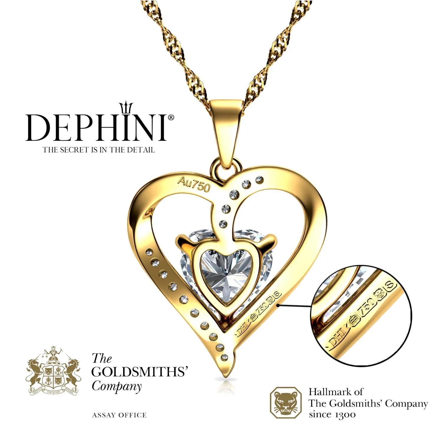 DEPHINI Gold Heart Pendant 18ct Yellow Cubic Zirconia Crystal Necklace