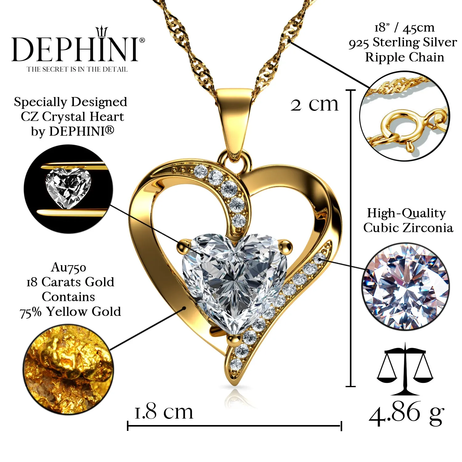 DEPHINI Gold Heart Pendant 18ct Yellow Cubic Zirconia Crystal Necklace