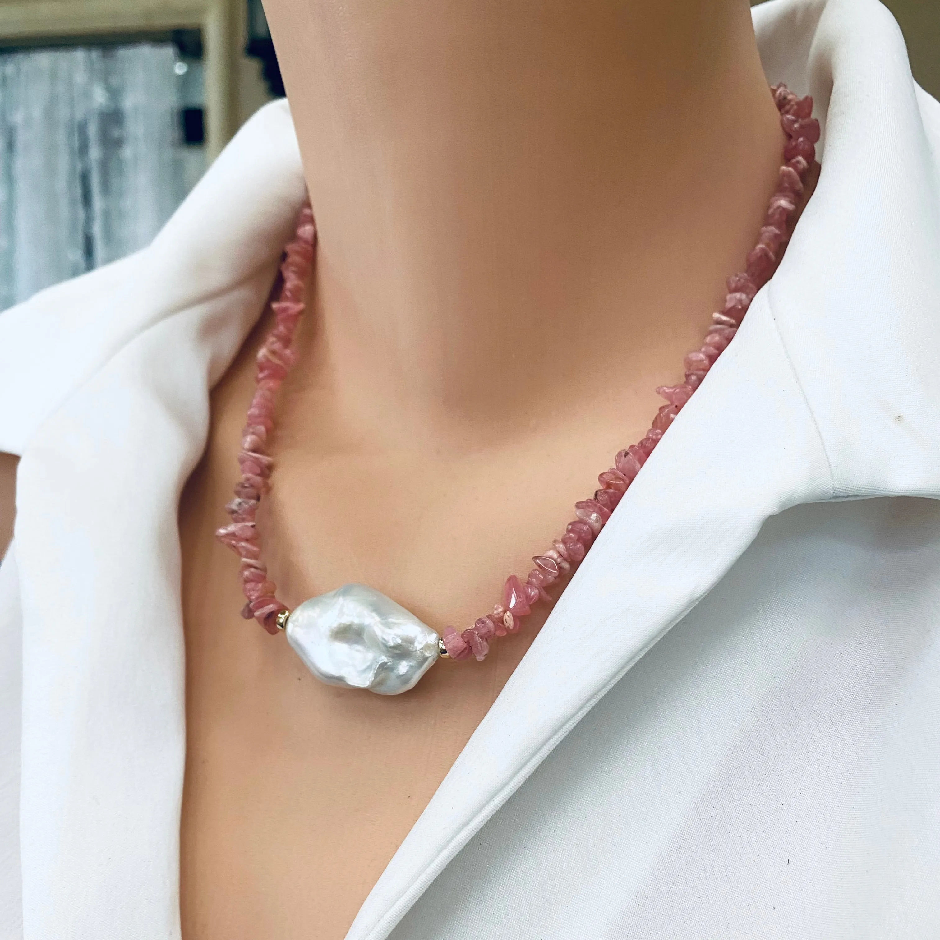 Elegant Pink Rhodochrosite Chips and Freshwater Baroque Pearl Necklace with Gold Filled Details, 18.5inch