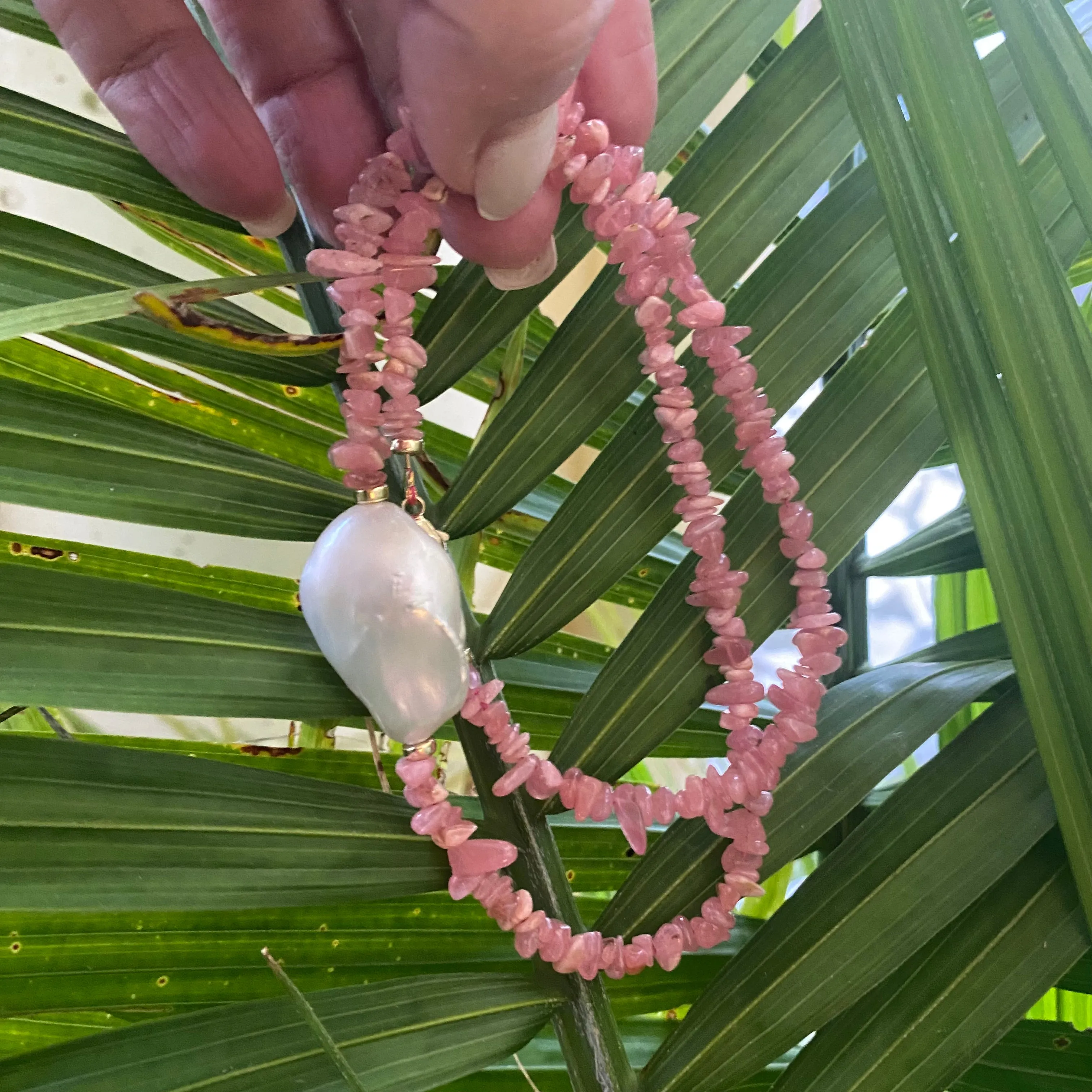 Elegant Pink Rhodochrosite Chips and Freshwater Baroque Pearl Necklace with Gold Filled Details, 18.5inch