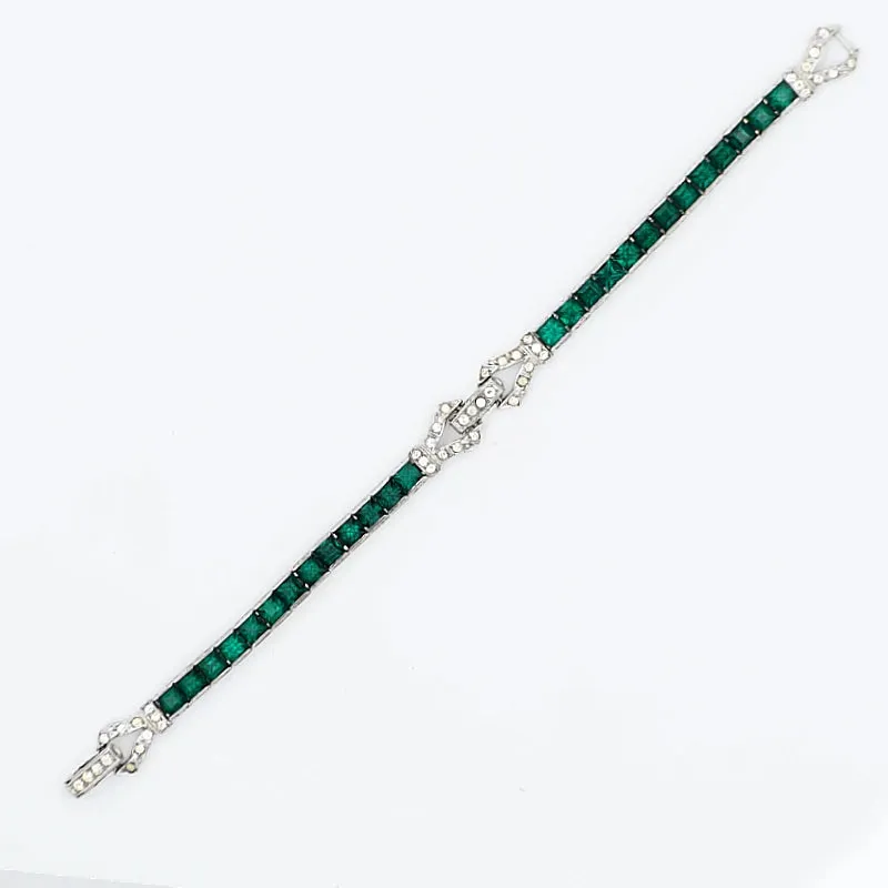 Emerald, Diamanté & Sterling Bracelet with Two Clasps