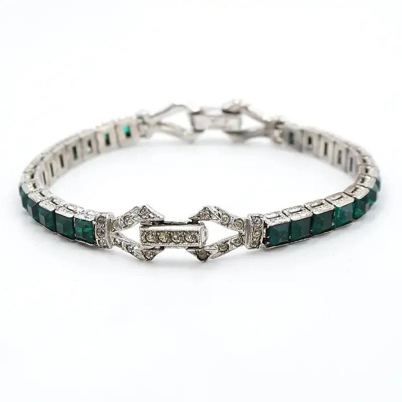 Emerald, Diamanté & Sterling Bracelet with Two Clasps