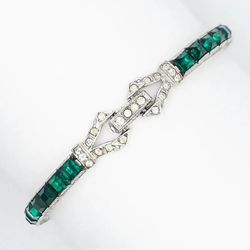 Emerald, Diamanté & Sterling Bracelet with Two Clasps