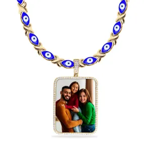 Evil Eye Xo Chain Iced Out Rectangle Photo Pendant