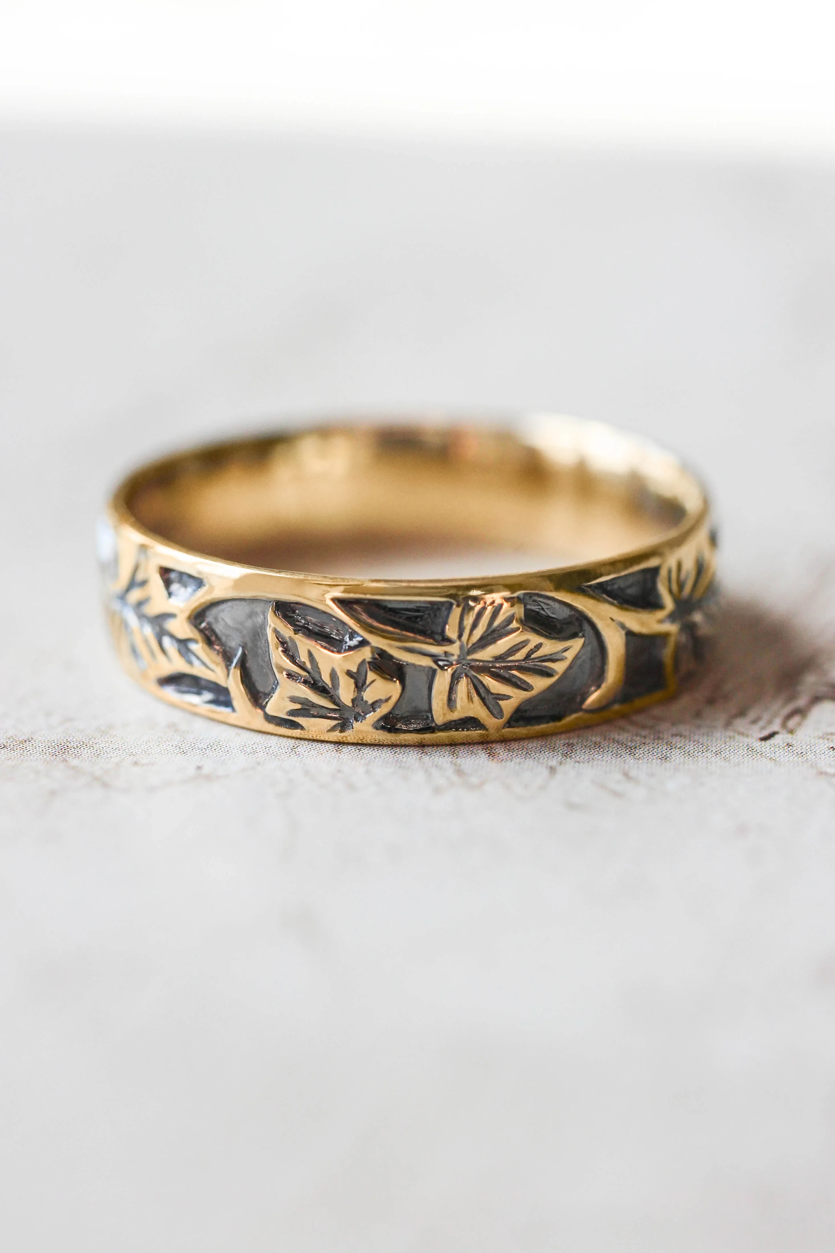 Gold leaf wedding band for man, ivy leaves ring