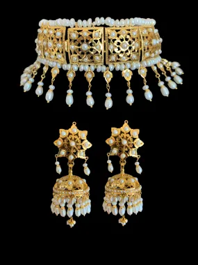 Gold plated silver jadavi choker with jhumka in fresh water pearls ( SHIPS IN 5 WEEKS )