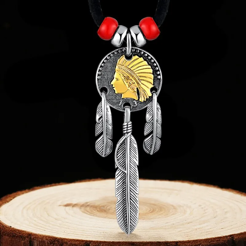 Golden Indian Chief Feather 925 Sterling Silver Vintage Punk Pendant