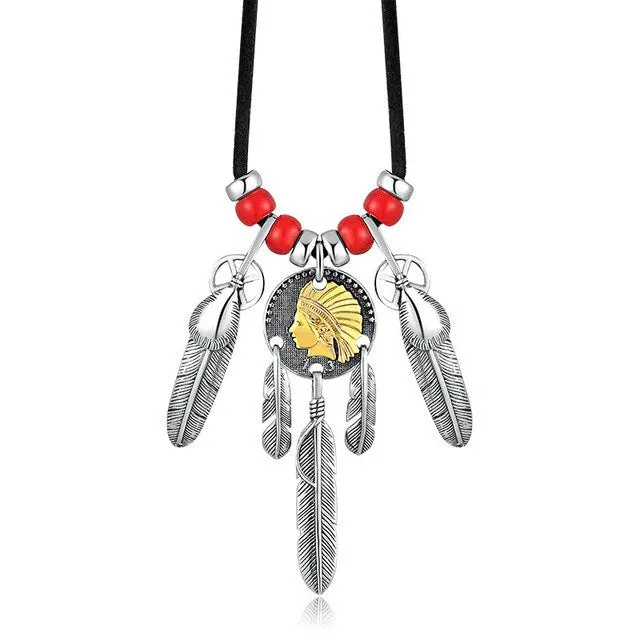 Golden Indian Chief Feather 925 Sterling Silver Vintage Punk Pendant