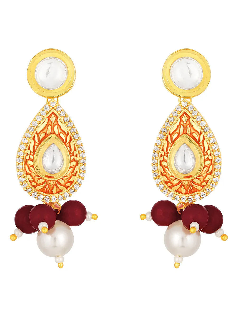 Golden, Red Kundan Polki Earrings