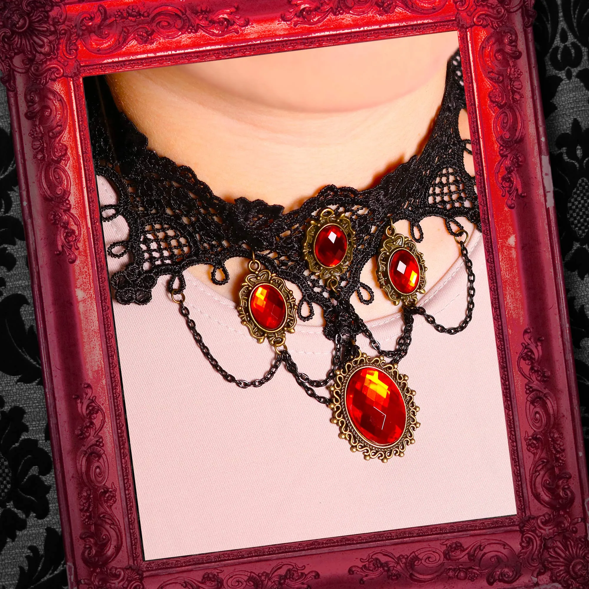 Gothic Vampire Jewelry Set - Black Lace Choker with Red Rhinestone Earrings Pirate Accessories Set for Women and Girls