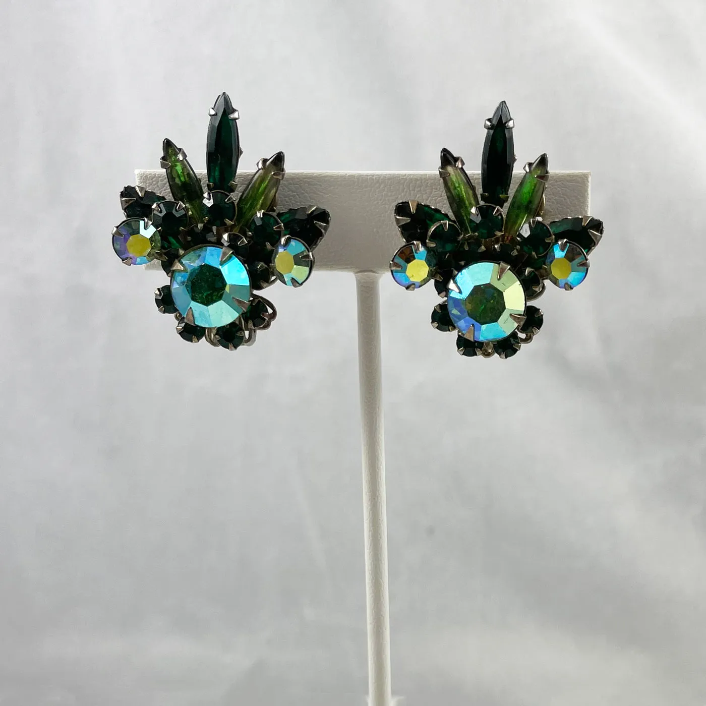 Green Rhinestone Clip On Earrings 1960's Vintage