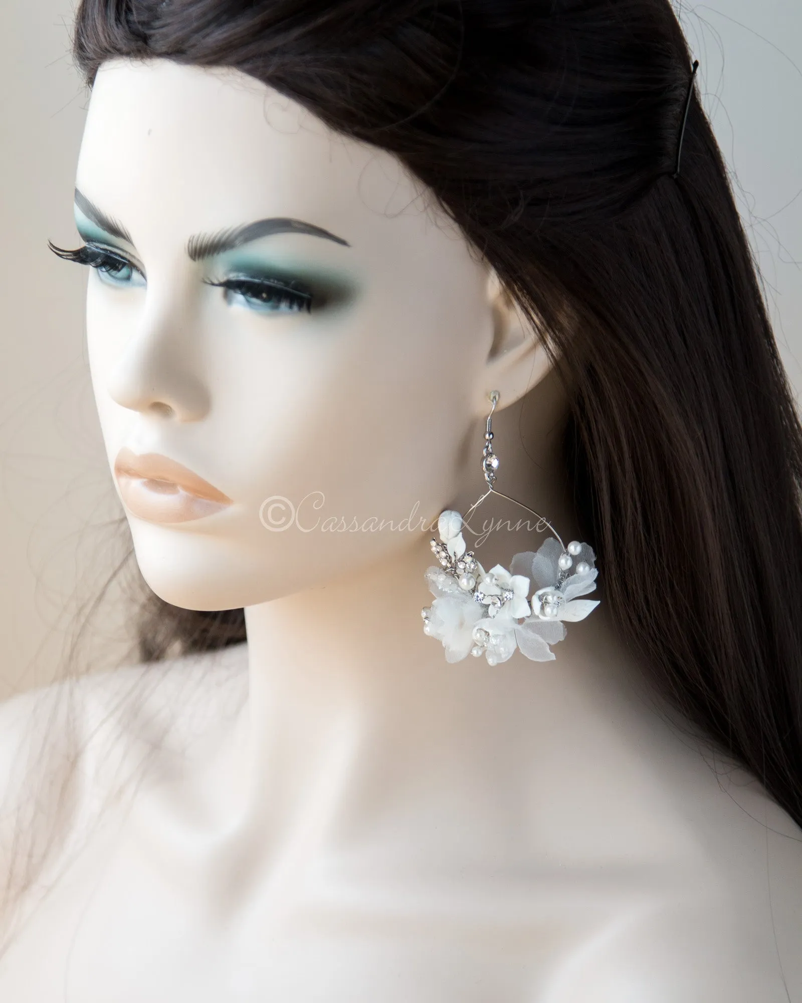 Hand-Wired Hoop Bridal Earrings with Organza Flowers