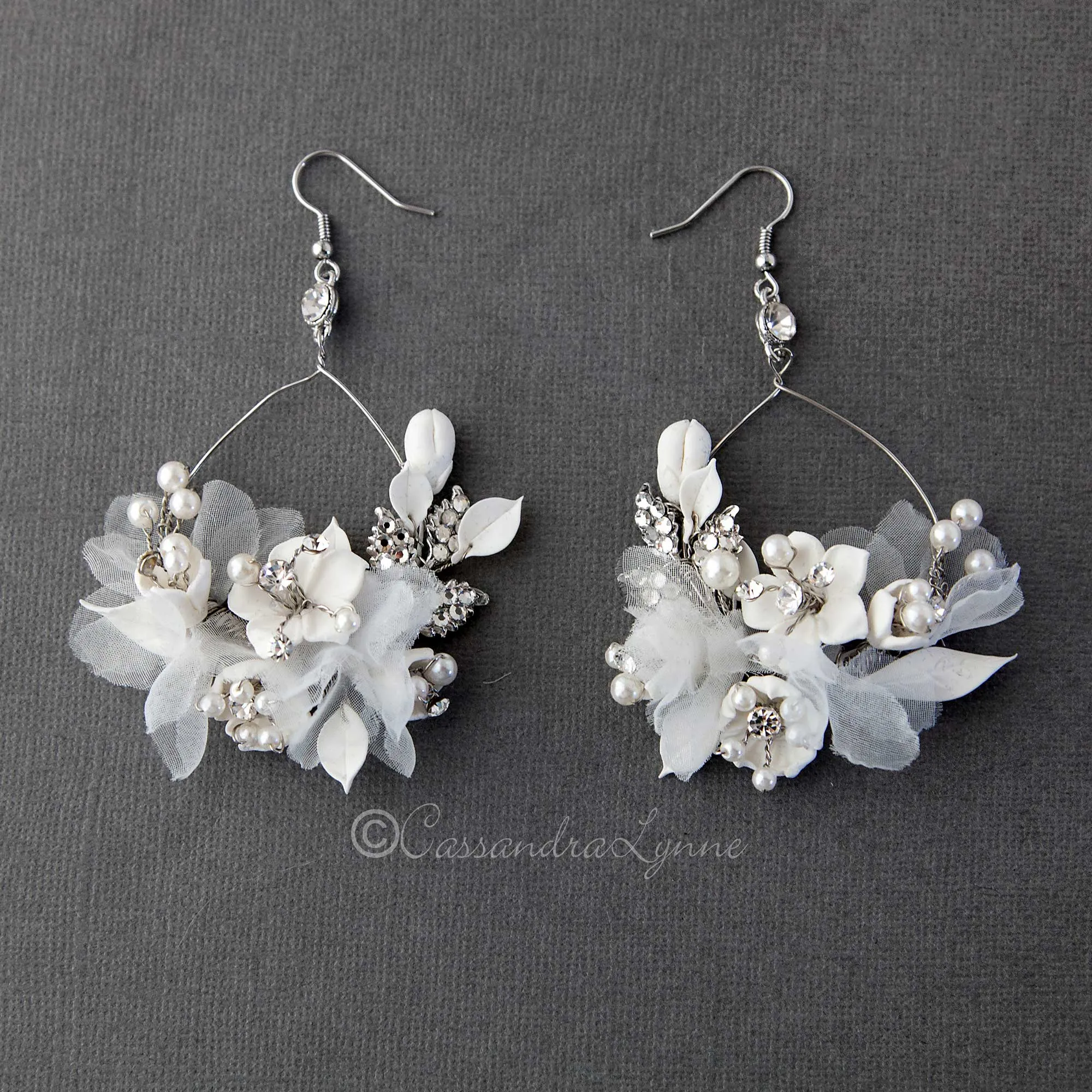 Hand-Wired Hoop Bridal Earrings with Organza Flowers