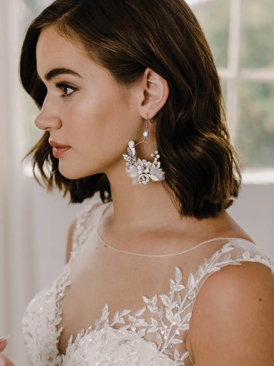 Hand-Wired Hoop Bridal Earrings with Organza Flowers