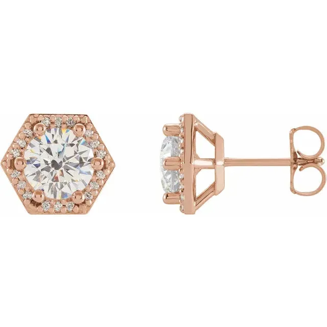 Hexagon Halo Round Moissanite & Diamond 6 Prong Earrings