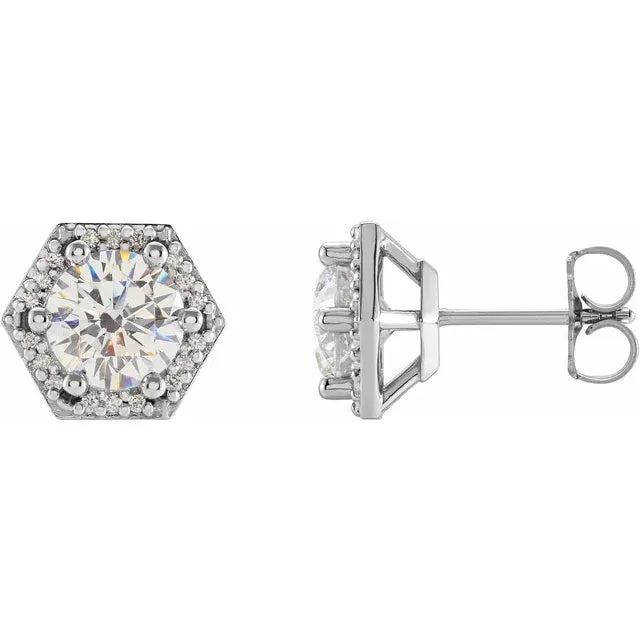 Hexagon Halo Round Moissanite & Diamond 6 Prong Earrings