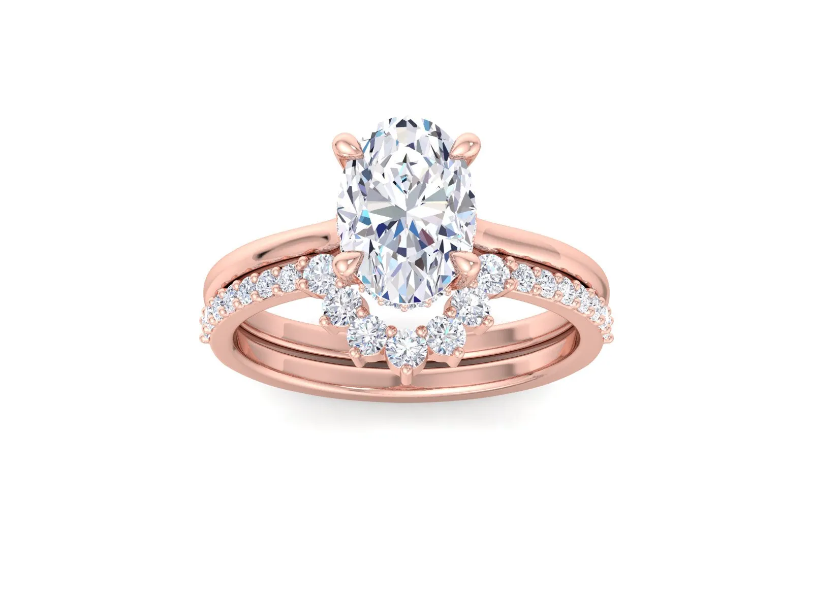 IGI CERTIFIED Oval Cut Lab Diamond Solitaire Hidden Halo Engagement Ring Set