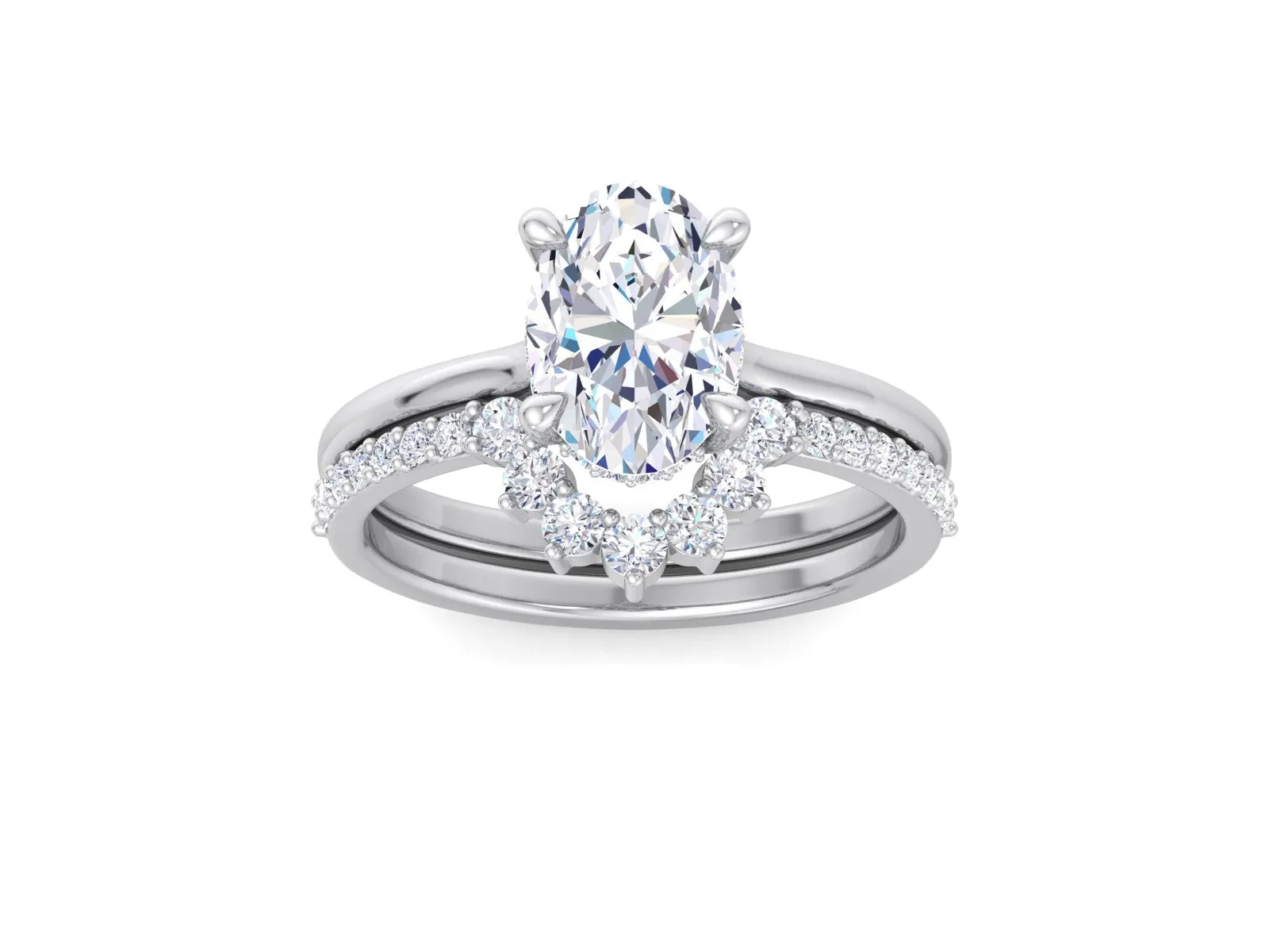 IGI CERTIFIED Oval Cut Lab Diamond Solitaire Hidden Halo Engagement Ring Set