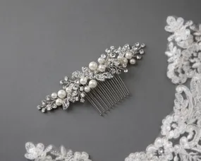 Ivory Pearl and Crystal Leaves Narrow Hair Comb