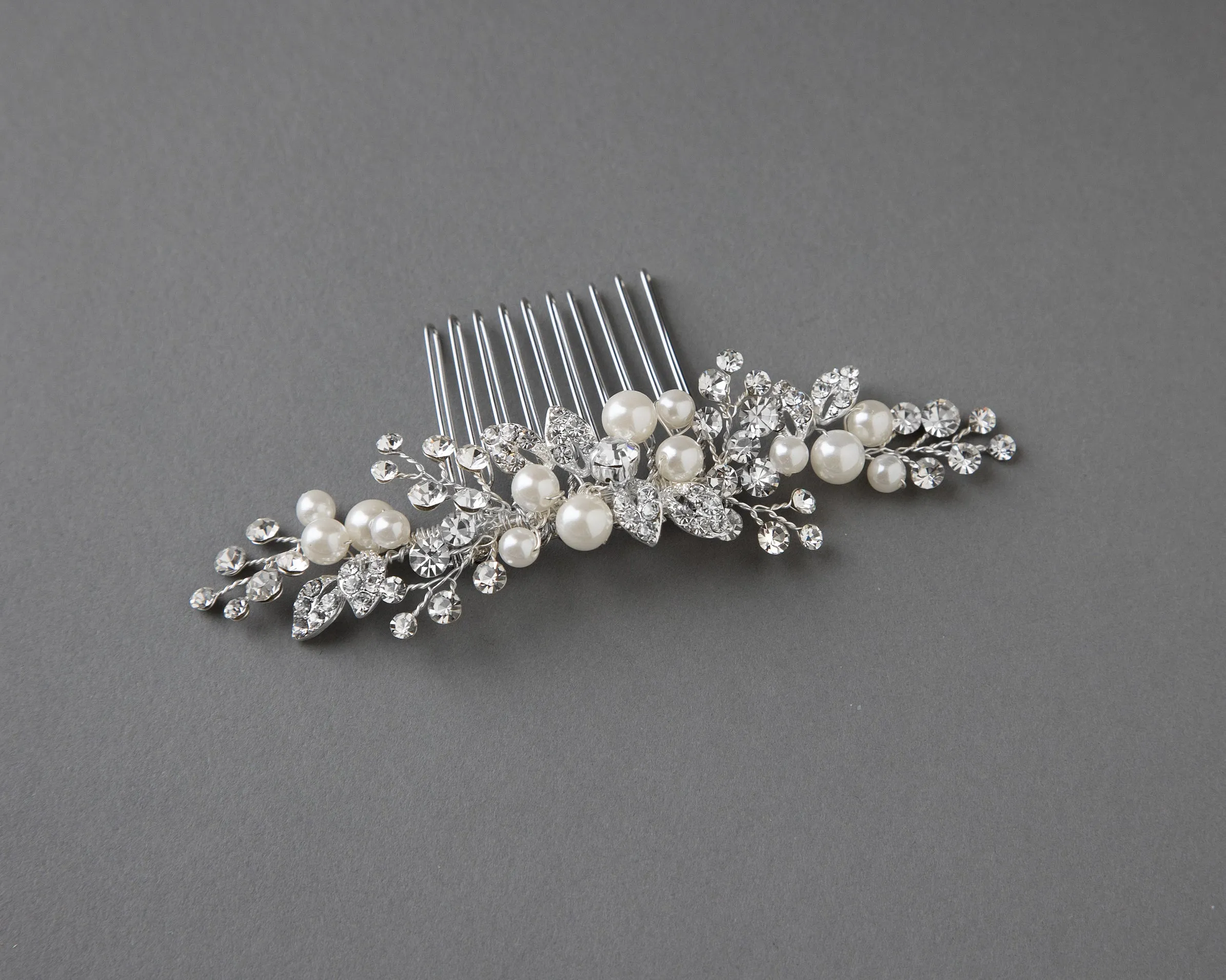 Ivory Pearl and Crystal Leaves Narrow Hair Comb