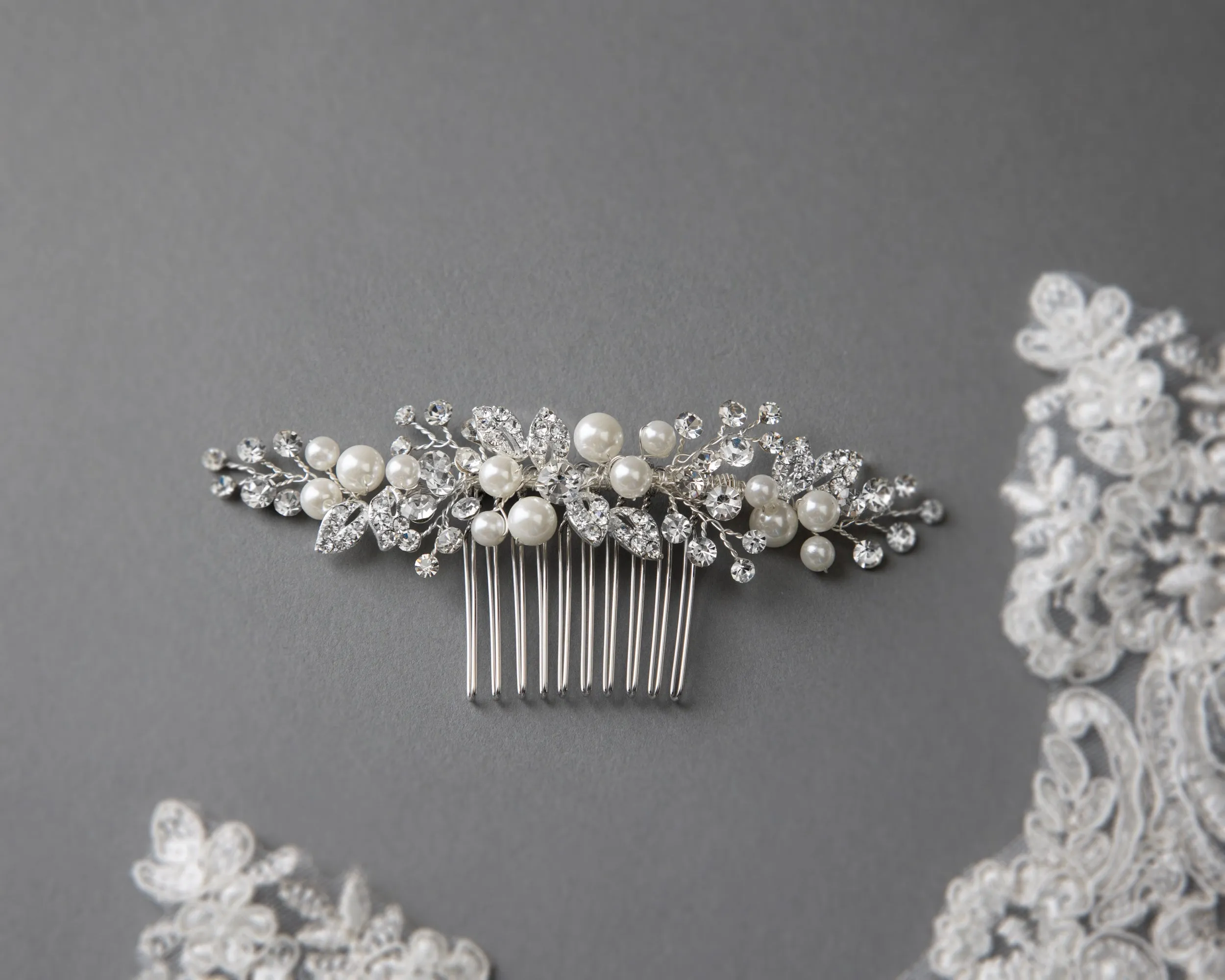 Ivory Pearl and Crystal Leaves Narrow Hair Comb