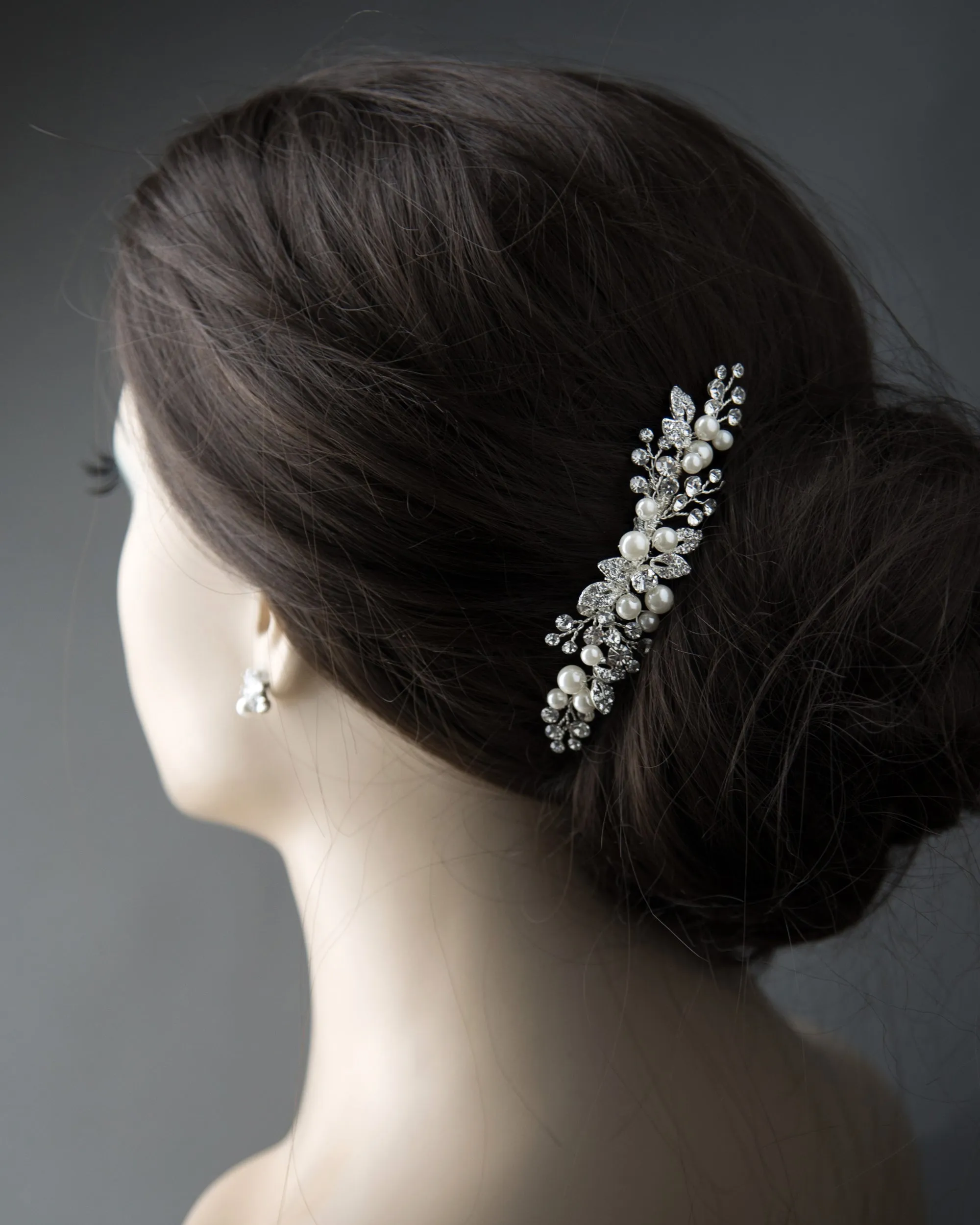 Ivory Pearl and Crystal Leaves Narrow Hair Comb