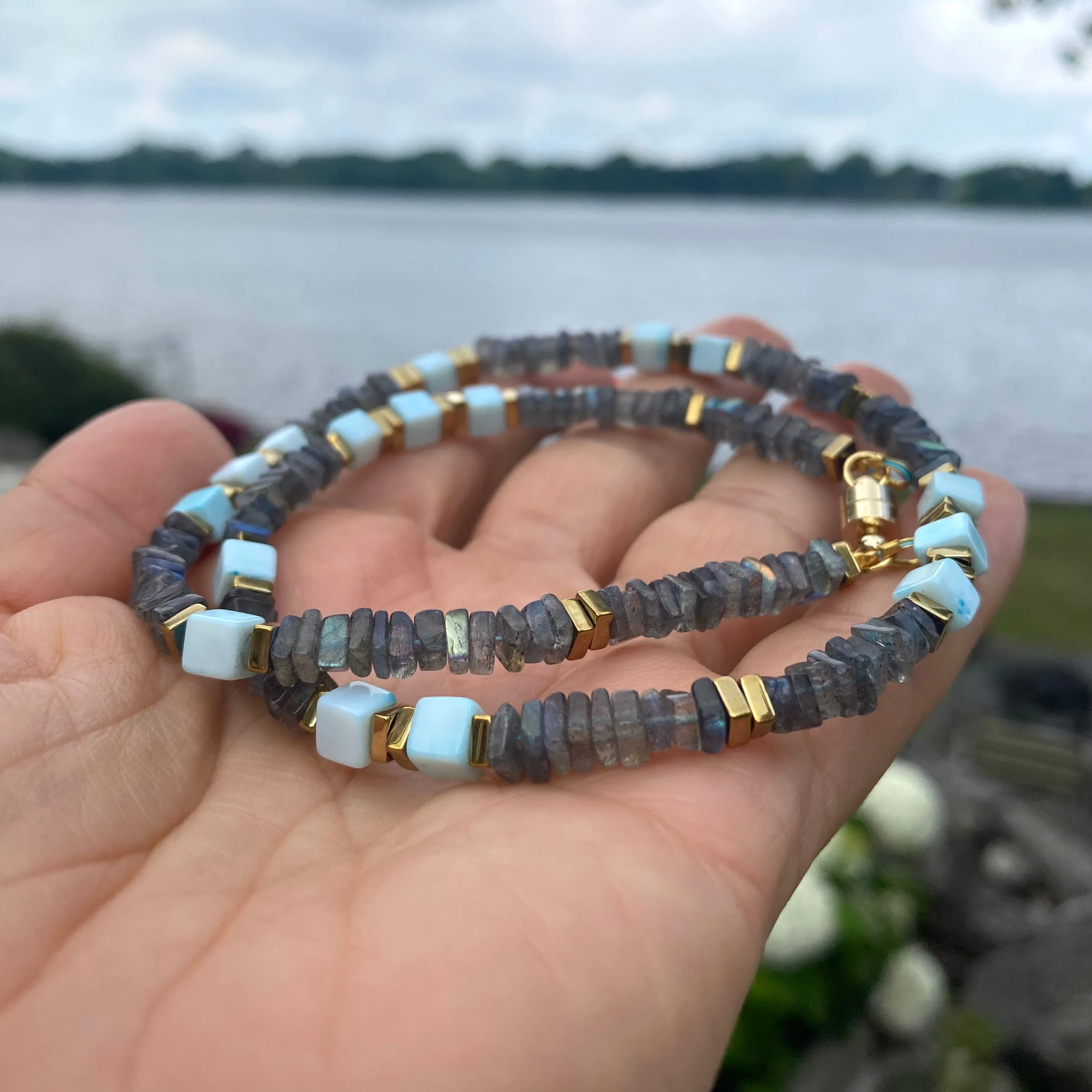 Labradorite & Blue Peru Opal Beaded Necklace, Square Heishi, Cube Gemstones, Gold Plated Magnetic Clasp, 18in