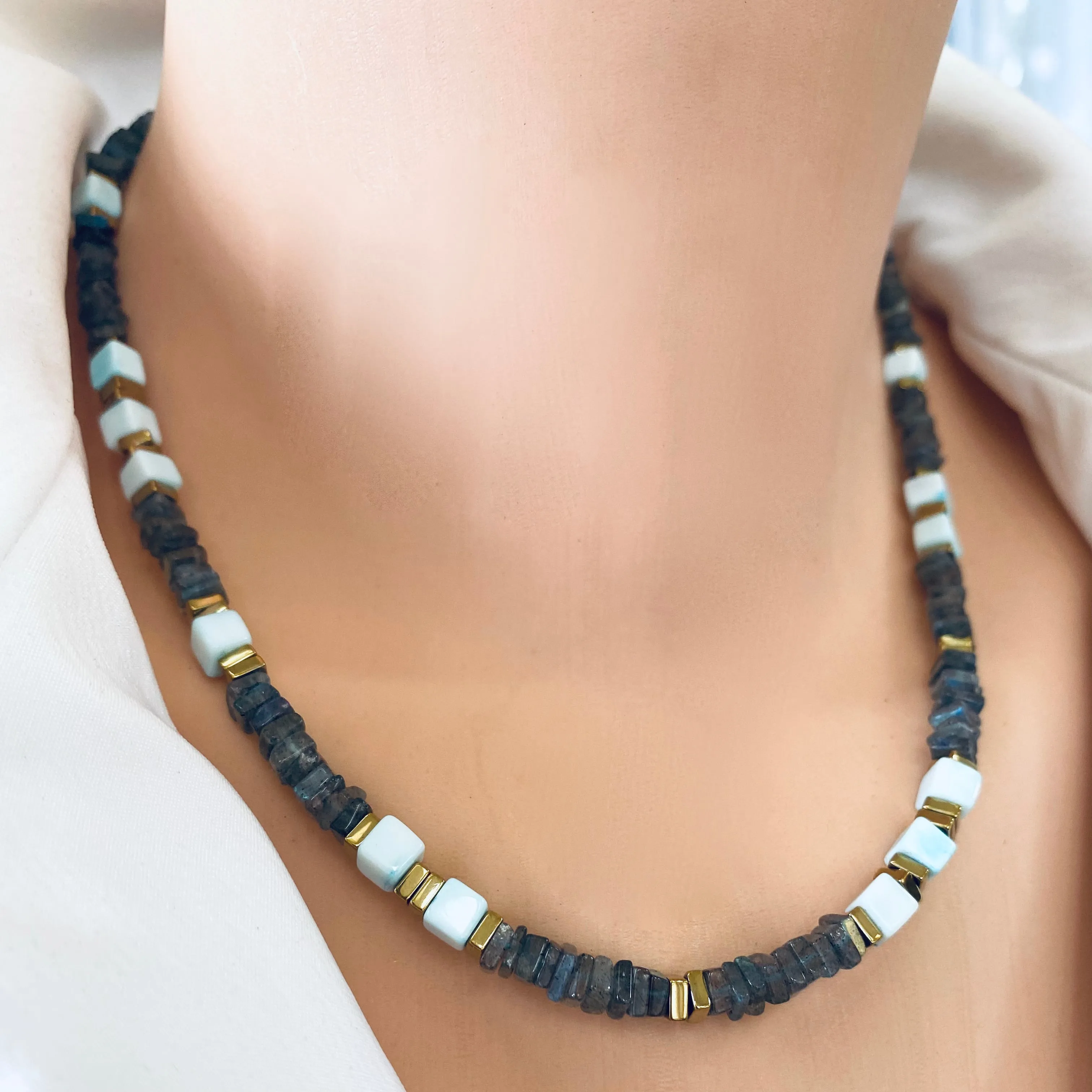 Labradorite & Blue Peru Opal Beaded Necklace, Square Heishi, Cube Gemstones, Gold Plated Magnetic Clasp, 18in