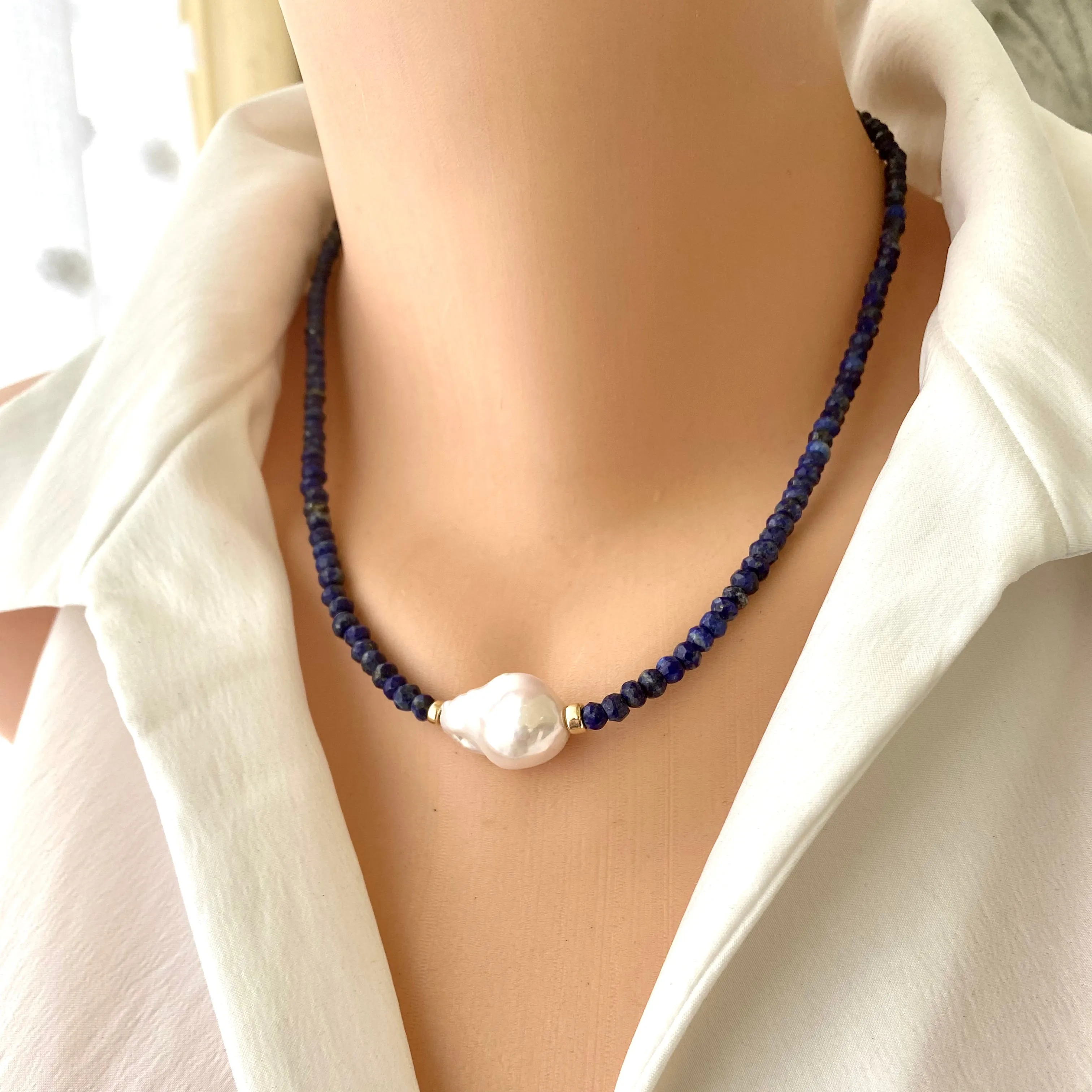 Lapis Lazuli Beaded Necklace with Large Fresh Water Baroque Pearl, December Birthstone, Gold Filled, 18inches