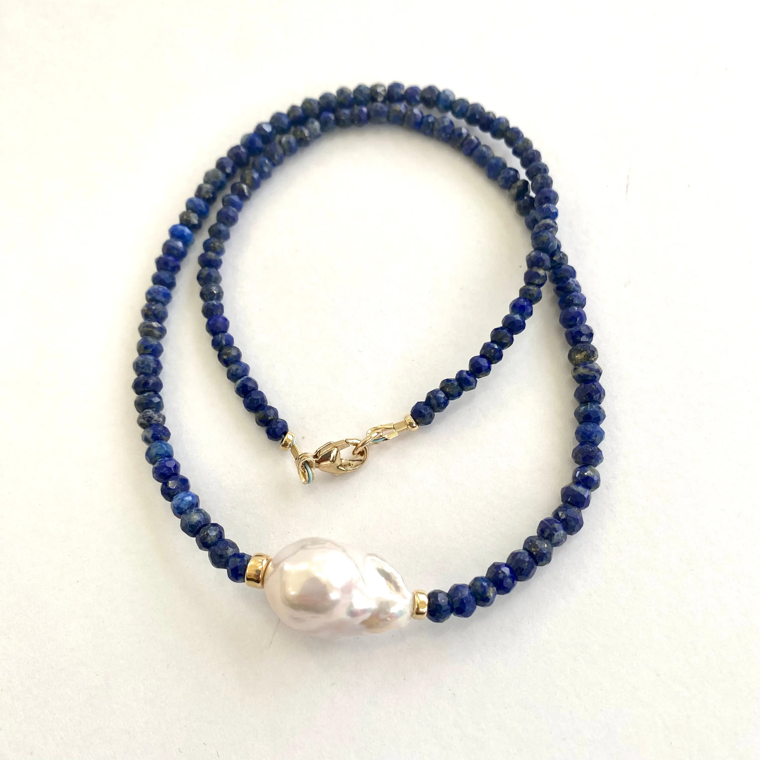 Lapis Lazuli Beaded Necklace with Large Fresh Water Baroque Pearl, December Birthstone, Gold Filled, 18inches