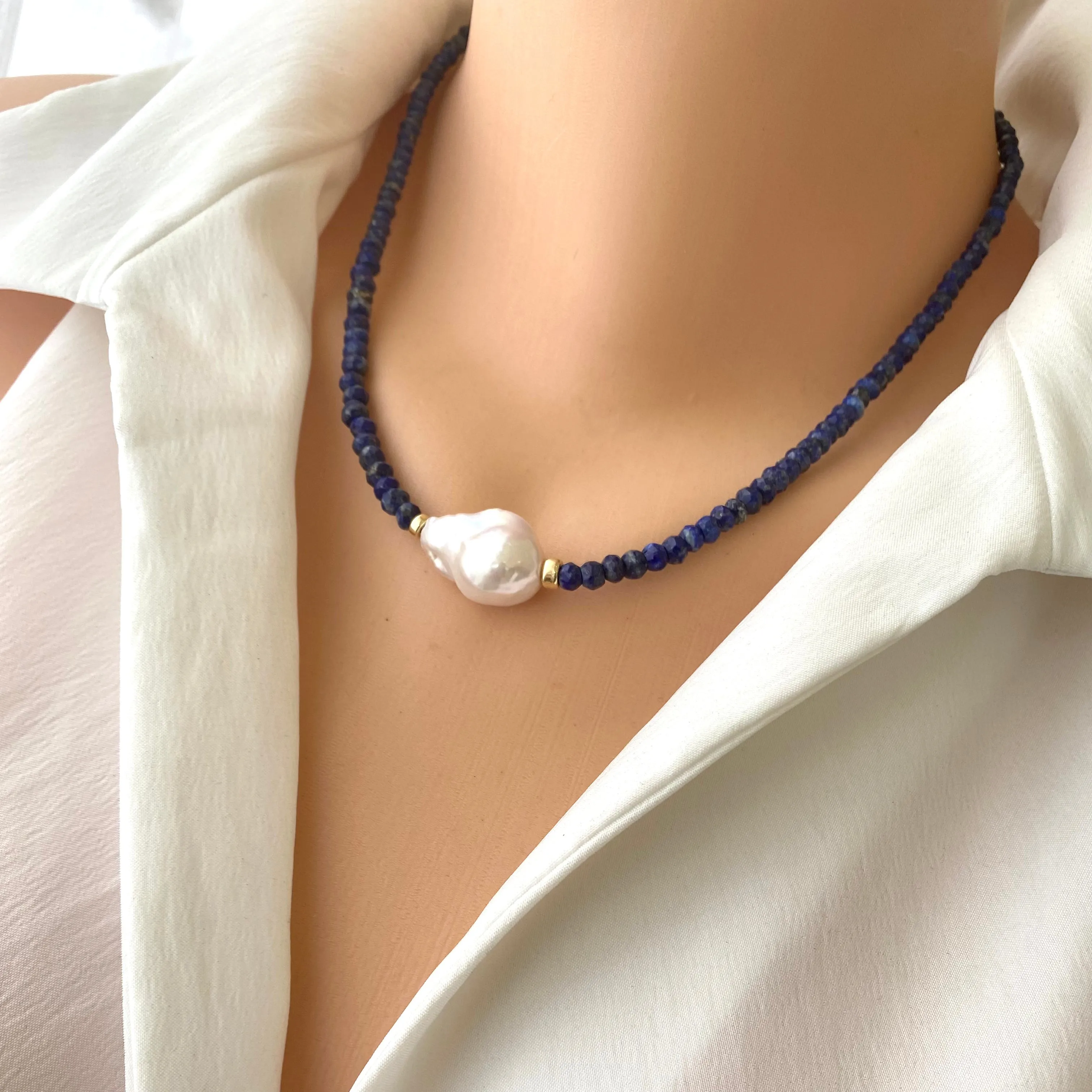 Lapis Lazuli Beaded Necklace with Large Fresh Water Baroque Pearl, December Birthstone, Gold Filled, 18inches