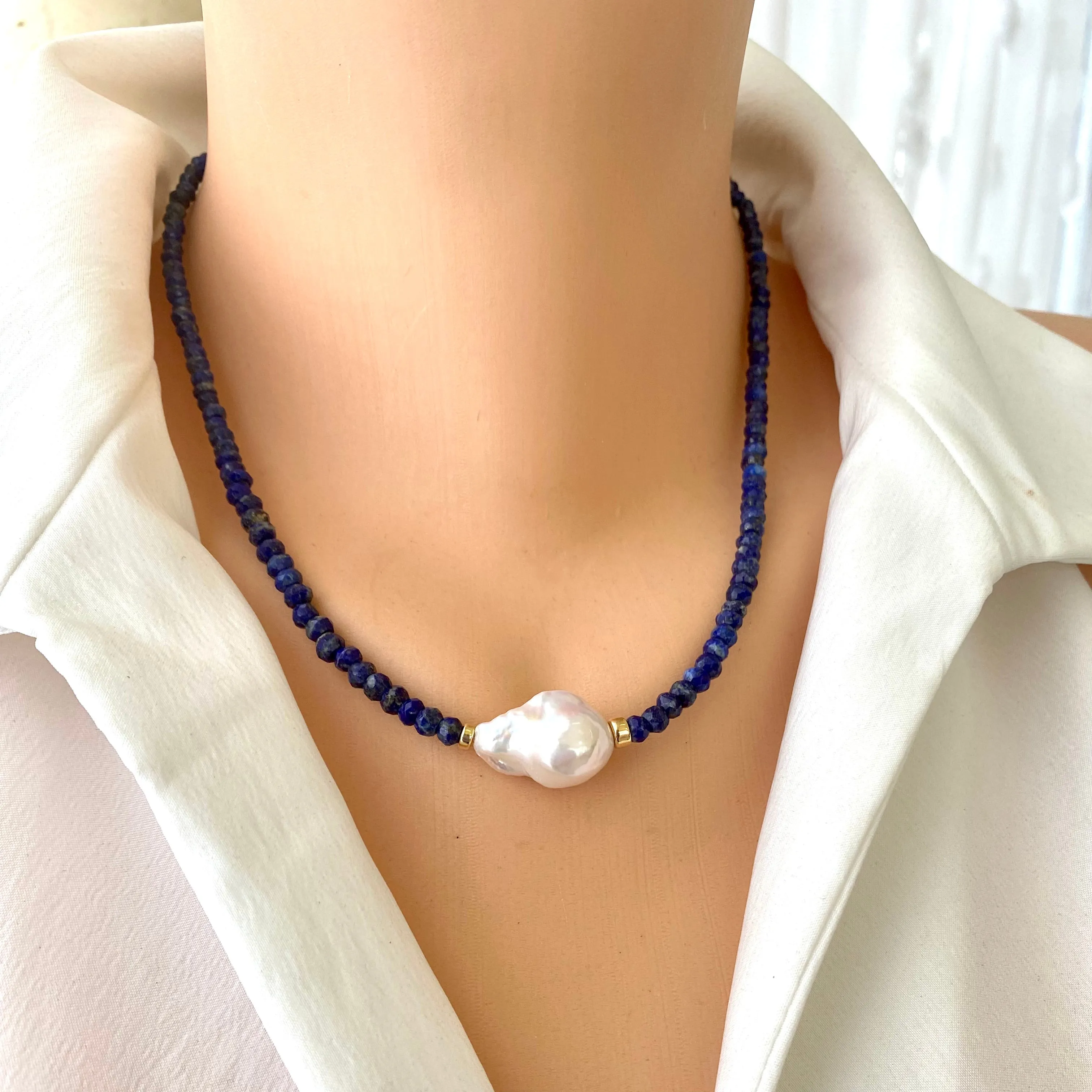 Lapis Lazuli Beaded Necklace with Large Fresh Water Baroque Pearl, December Birthstone, Gold Filled, 18inches