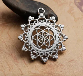 Lotus Flower Seed of Life Sacred Geometry Hindu Silver-Colored Pendant