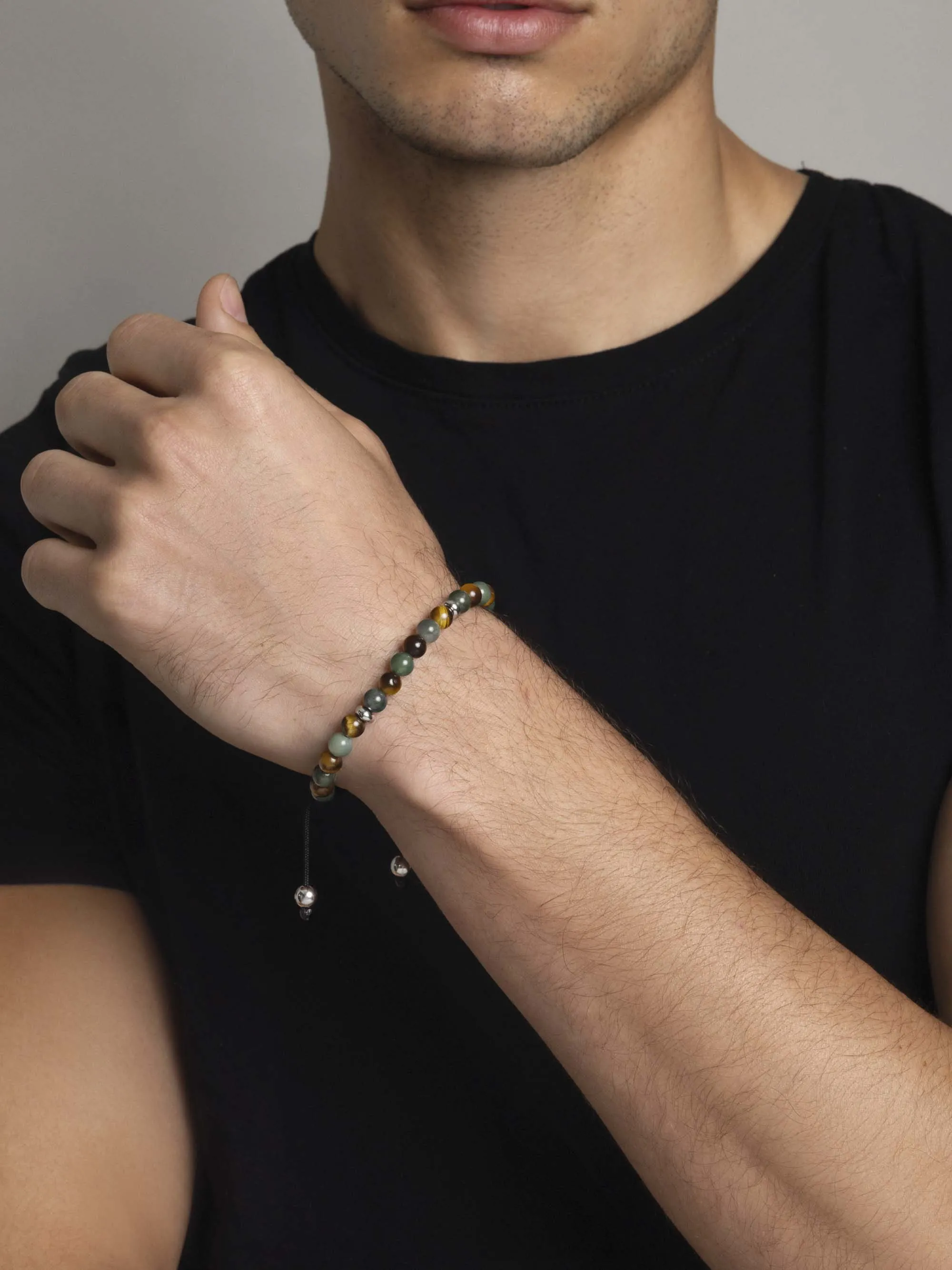 Men's Beaded Bracelet with Aquatic Agate, Brown Tiger Eye and Silver