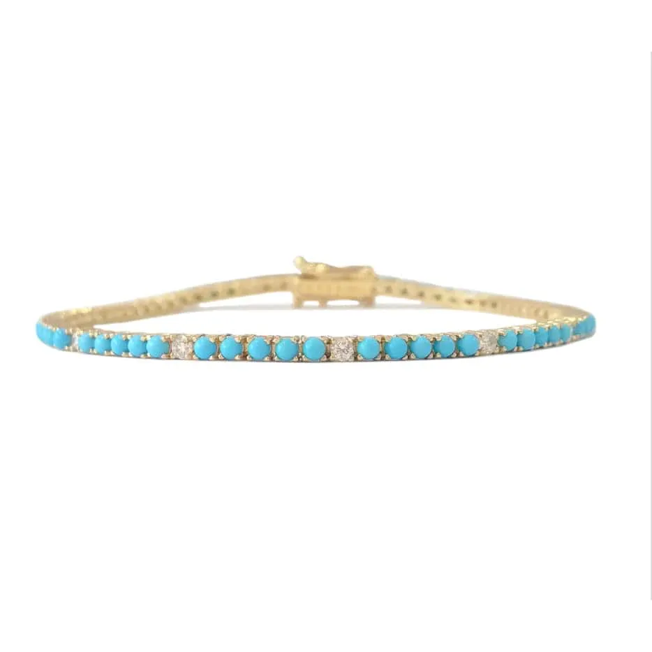 Mini 14K Gold Turquoise and Diamond Tennis Bracelet 4-Prong Setting