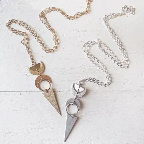 moon phases // half moon, waxing, waning crescent moons, new moon and long triangle pendant necklace