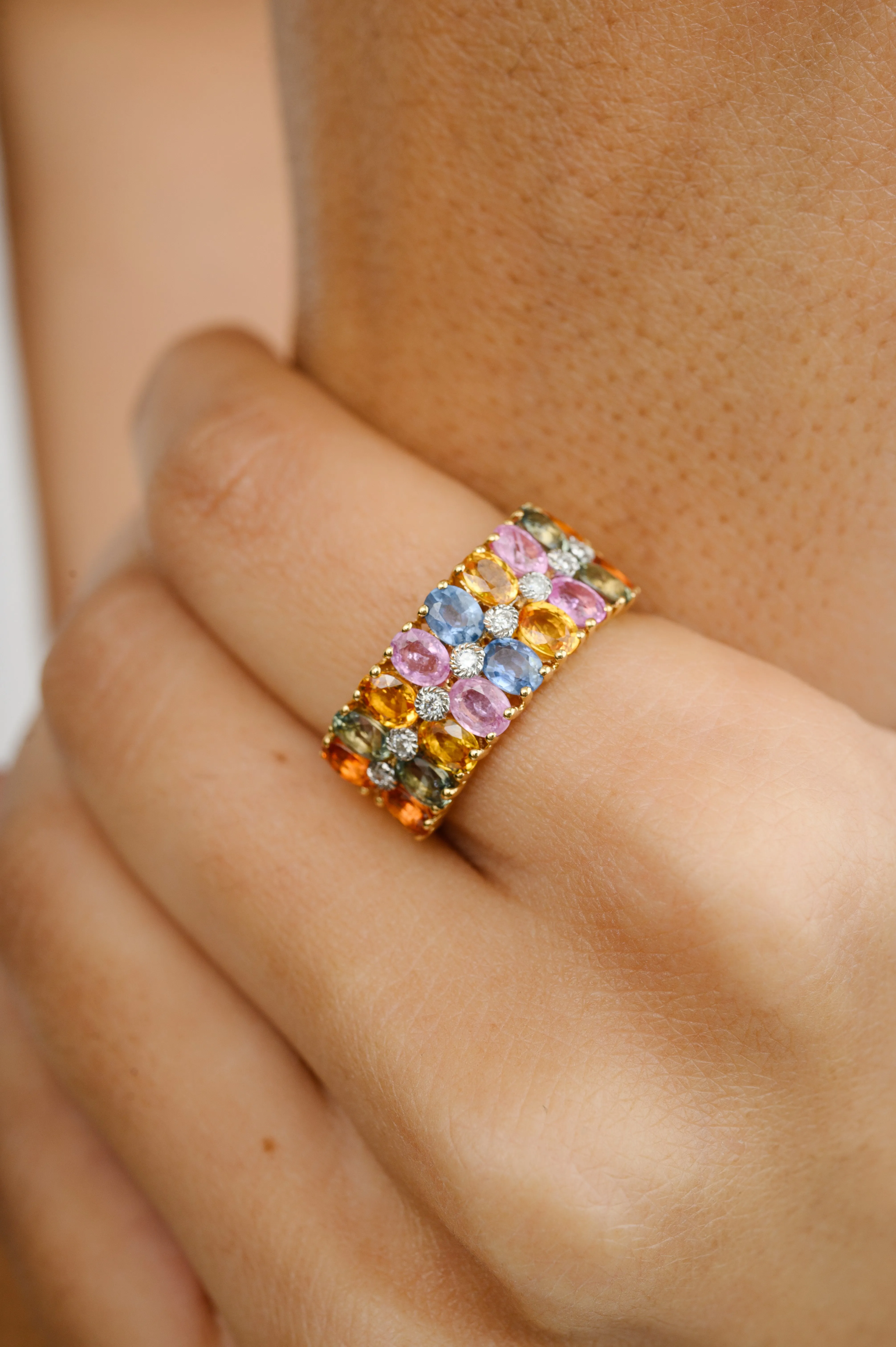 Multi Sapphire Diamond Wide Band Ring