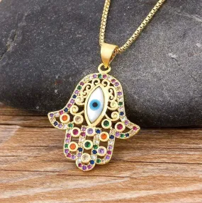 Multicolor Gold Evil Eye Hamsa Necklace