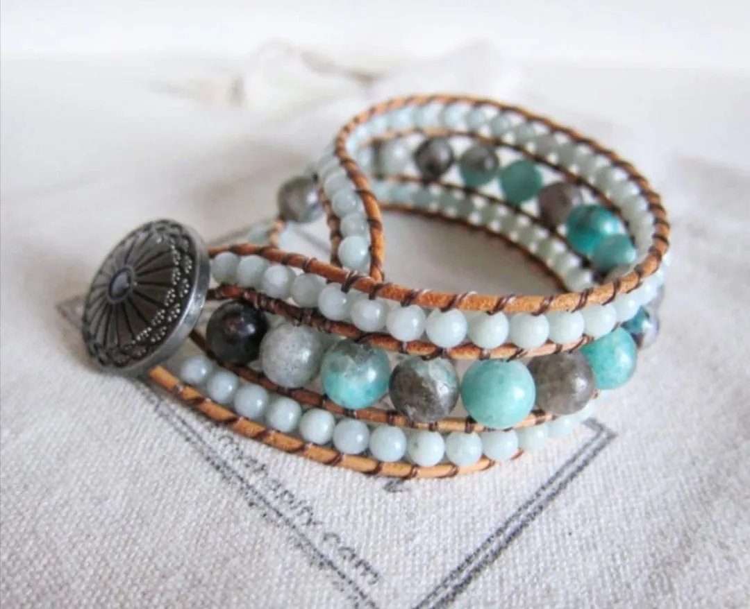 Natural Hemimorphite Leather 3X Row Cuff Bracelet (Ltd Ed)