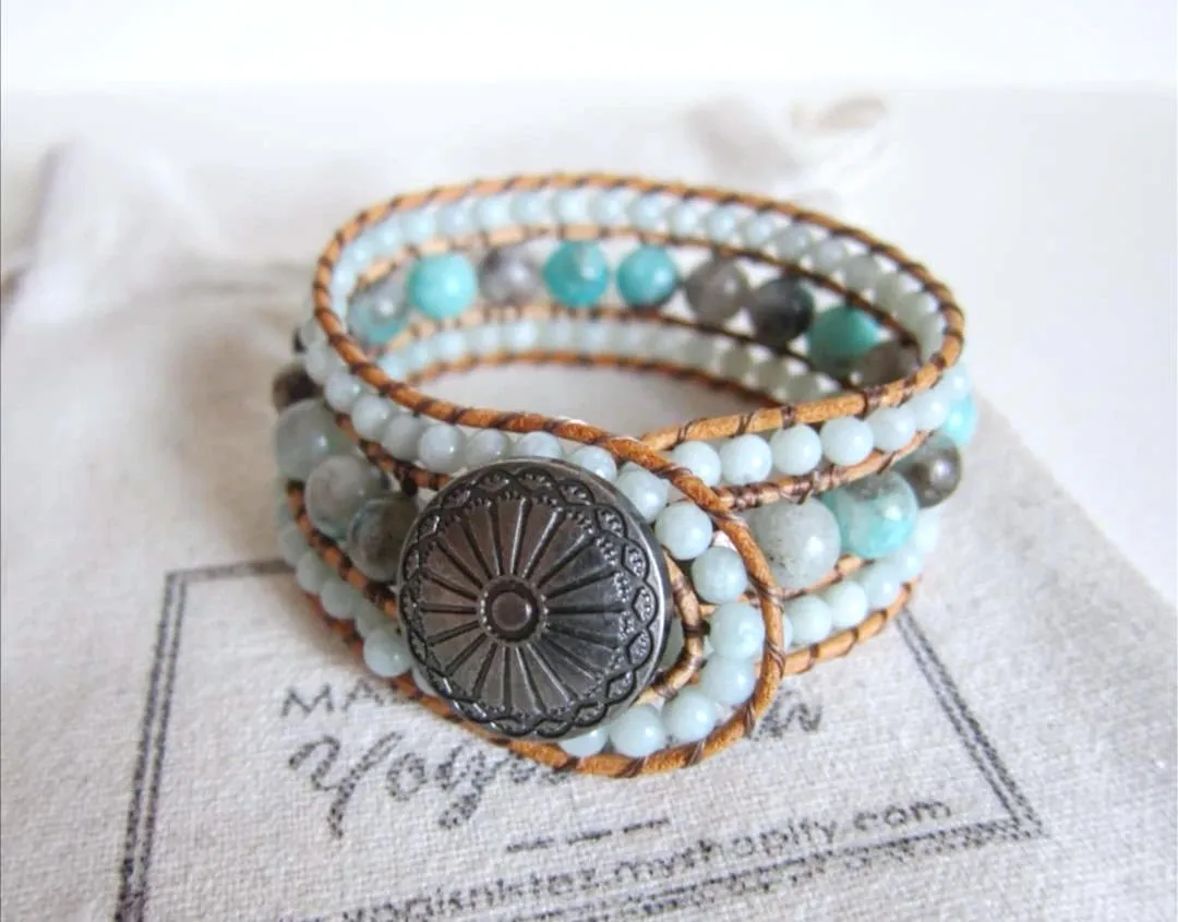 Natural Hemimorphite Leather 3X Row Cuff Bracelet (Ltd Ed)