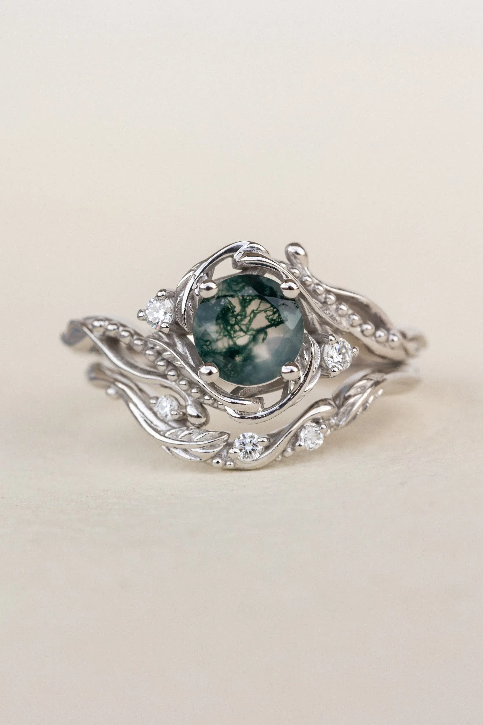 Natural moss agate engagement ring with accent diamonds, nature themed proposal gold ring with diamonds  / Undina