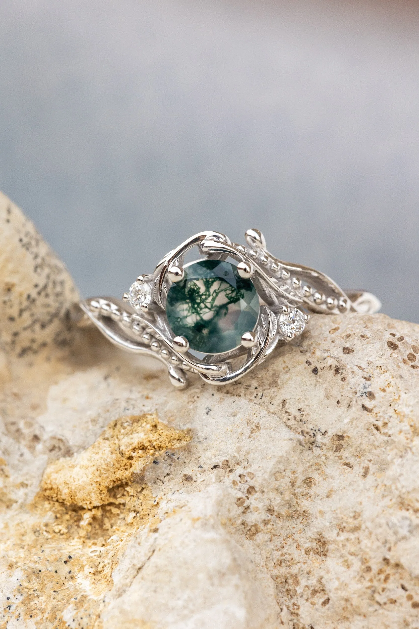 Natural moss agate engagement ring with accent diamonds, nature themed proposal gold ring with diamonds  / Undina