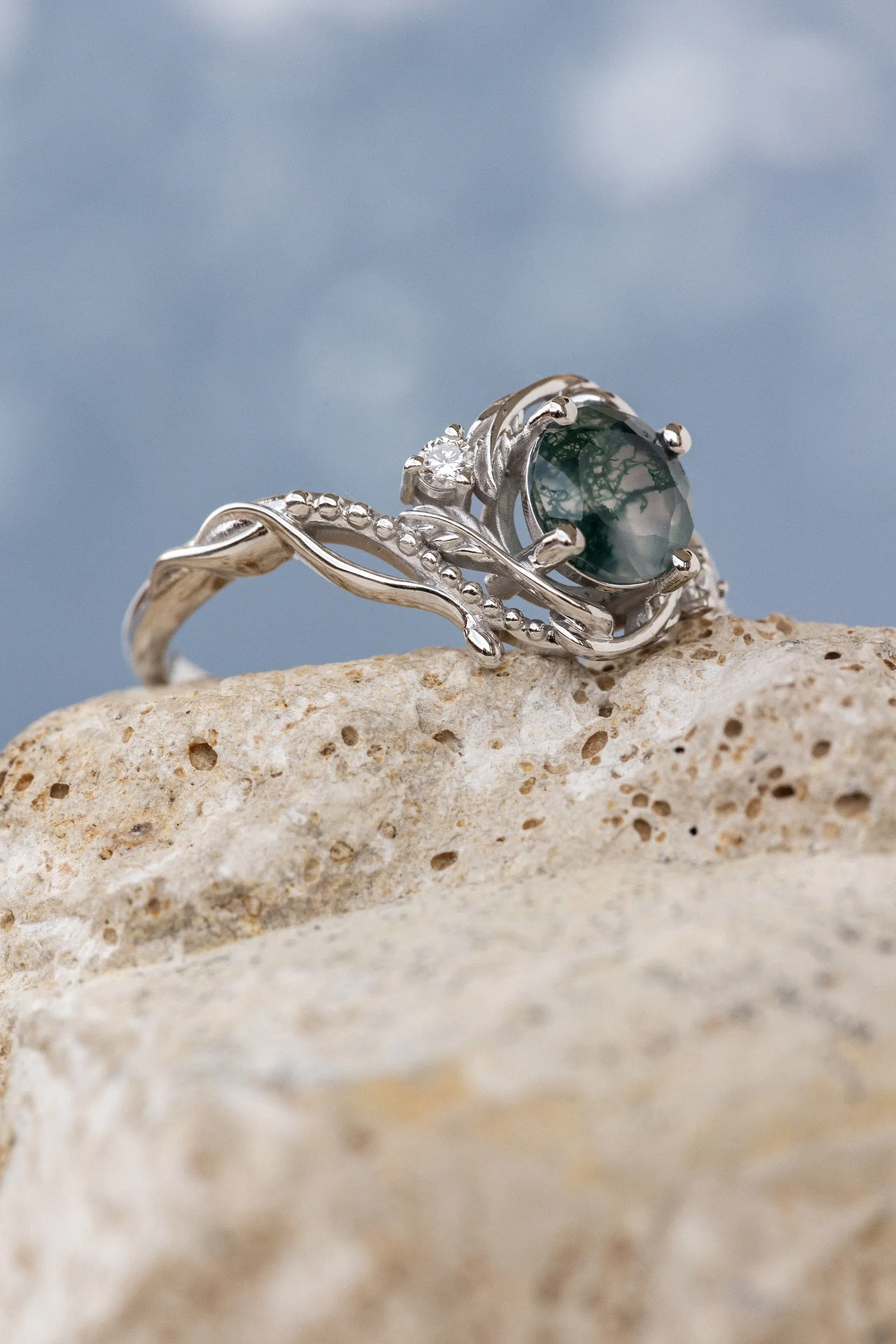 Natural moss agate engagement ring with accent diamonds, nature themed proposal gold ring with diamonds  / Undina