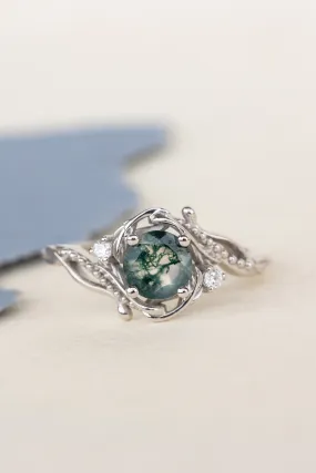 Natural moss agate engagement ring with accent diamonds, nature themed proposal gold ring with diamonds  / Undina