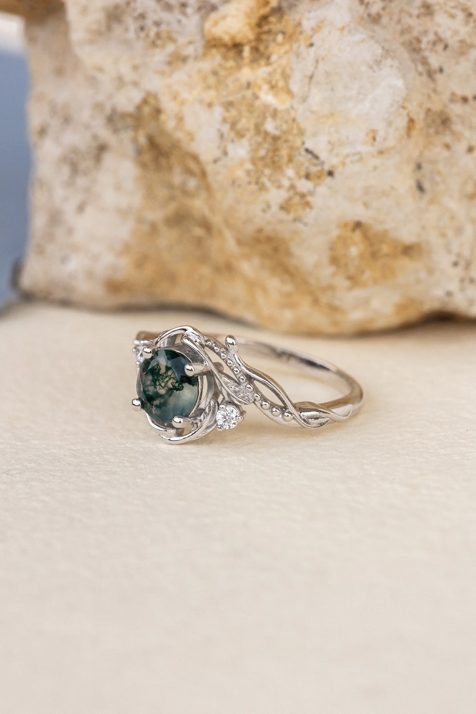 Natural moss agate engagement ring with accent diamonds, nature themed proposal gold ring with diamonds  / Undina