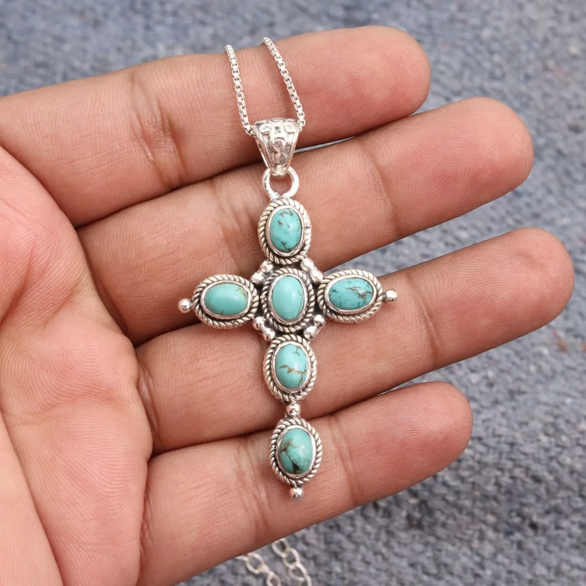 Natural Turquoise Sterling Silver Cross Pendant, Handmade Cross Pendant, Tibetan Turquoise Cross Pendant, Turquoise Necklace, Christmas Gift Jewelry, Region Pendant, Pendant with Chain