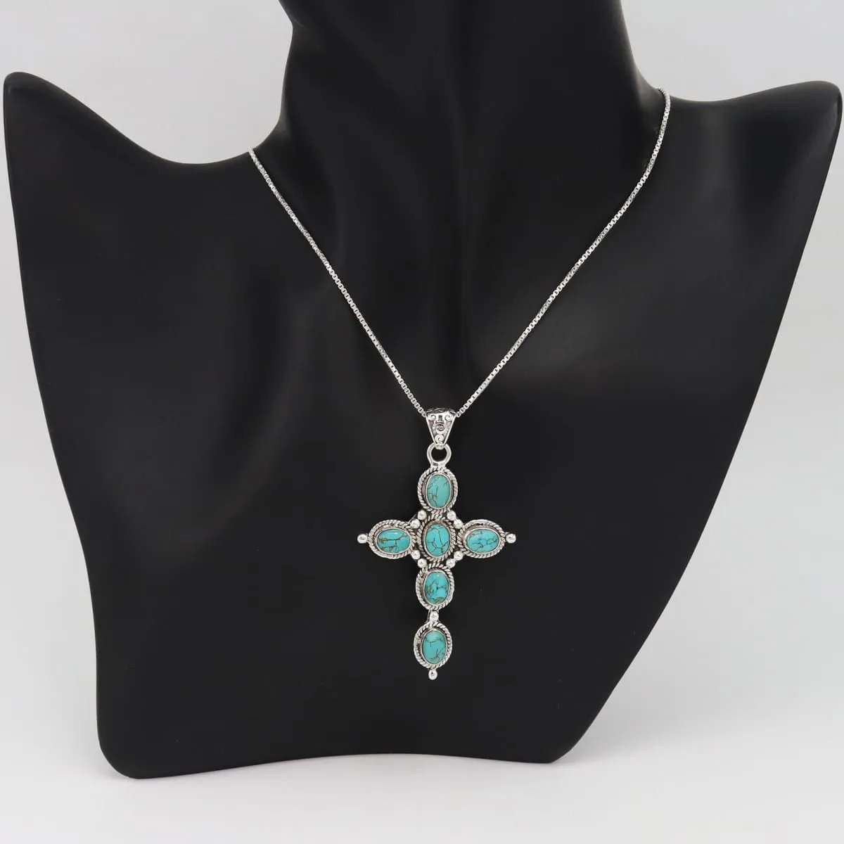 Natural Turquoise Sterling Silver Cross Pendant, Handmade Cross Pendant, Tibetan Turquoise Cross Pendant, Turquoise Necklace, Christmas Gift Jewelry, Region Pendant, Pendant with Chain